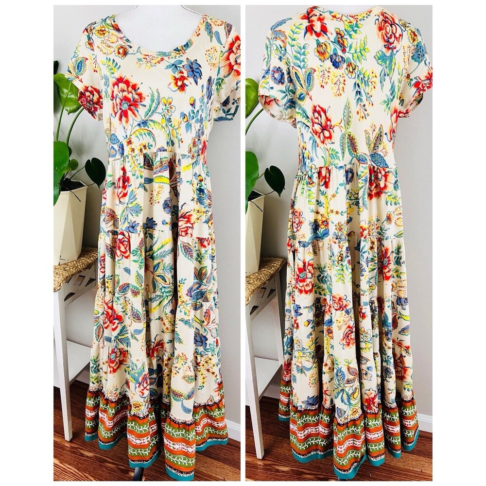 Gorgeous Soft Surroundings Colorful Kara Tiered Floral Maxi Dress 100% Viscose L